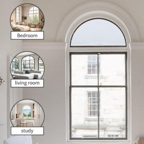 Arch Window Shade Radius 18 inch Half Circle Arched Non-Woven Stick on Cut to Size self Adhesive Light Filtering Half Moon Round Window Covering Pleated Blinds for Front Door