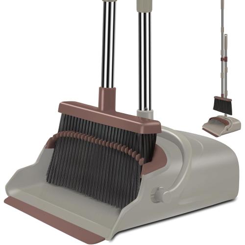 Upgrade Broom and Dustpan Set, Self-Cleaning with Dustpan Teeth, Ideal for Dog Cat Pets Home Use, Super Long Handle Upright Stand Up Broom and Dustpan Set (Brown)