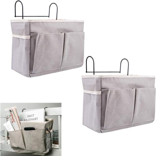 KonHaovF 2Pack Bedside Organizer Caddy Hanging with Hook, Bed Storage Pocket for Dorm Kids Room Top Bunk Bed Loft Bed, Bedside Storage for Phone Remote Control Laptop Books (Grey)