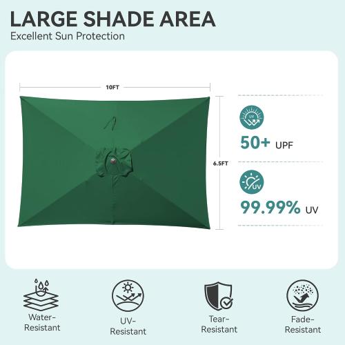 Rectangular Patio Umbrella, 6.5 x 10 ft Rectangle Table Umbrellas w/Heavy Duty Ribs, Effortless Crank and Push Button Tilt, Wind Resistant Sun Umbrella for Outdoor Patio, Dark Green