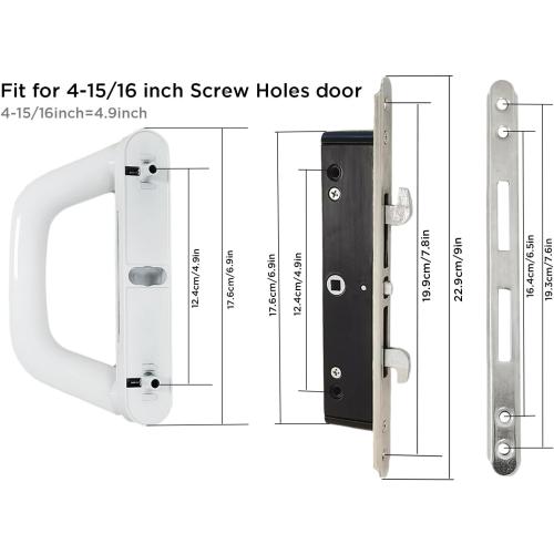 Sliding Patio Door Handle with Mortise Lock and keys, Key Cylinder and Keeper, 4-15/16 Hole Spacing, Reversible Design(Non-Handed), 4 15/16 Glass Door Replacement Handle Lock, Need to Drill (White)
