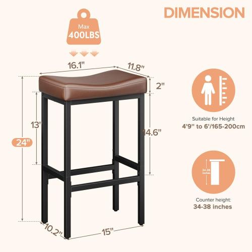 24 Inch Counter Height Bar Stools Set of 2, Compact Counter Stools for Small Spaces, Premium Faux Leather Barstools with Right-Sized Saddle Seat & Metal Legs, 15-Minute Easy Assembly, Brown