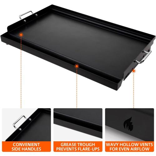 Black LotFun 25 x 16 Carbon Steel Cooking Griddle for Outdoor Gas Grill, Universal Griddle Flat Top Plate Insert with Grease Groove and Removable Handles for Electric/Charcoal/Gas Grill, Camping,Party