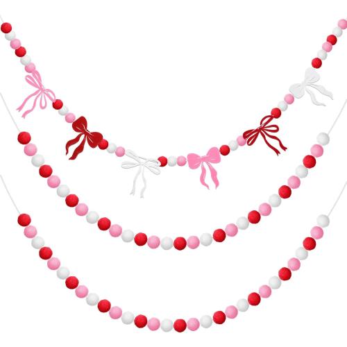Breling 3 Pieces Valentine's Day Garland Felt Ball Garland, 10ft Pompom Bow Valentines Decorations Banner for Mantle Fireplace Room Valentine Hanging Decor