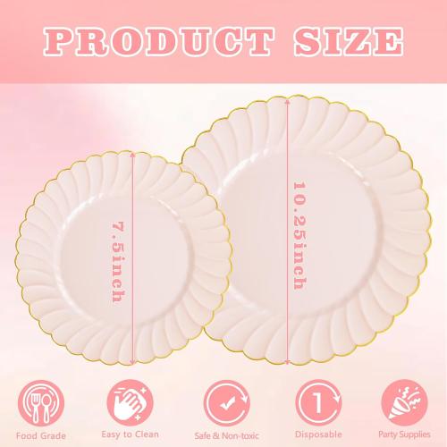 YOUBET 60PCS Pink Scalloped Plastic Plates - Hard Pink and Gold Fancy Disposable Plates include 30 Gold Dinner Plate, 30 Dessert Plate for Party & Wedding & Baby Shower Valentines Day