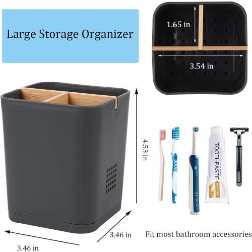 Electric Toothbrush Holder 3 Slots Tooth Brushing Holder with Bamboo Dividers for Bathrooms, Plastic Toothbrush and Toothpaste Organizer for Shower, Countertop, Vanity, Cool Grey