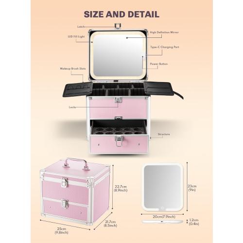 Qislee Makeup Box with Drawer and A Detachable Lighted Mirror, Waterproof Travel Train Case, Cosmetic Organizer and Makeup Suitcase with Adjustable Dividers, Magnetic LED Mirror (ICY Pink)