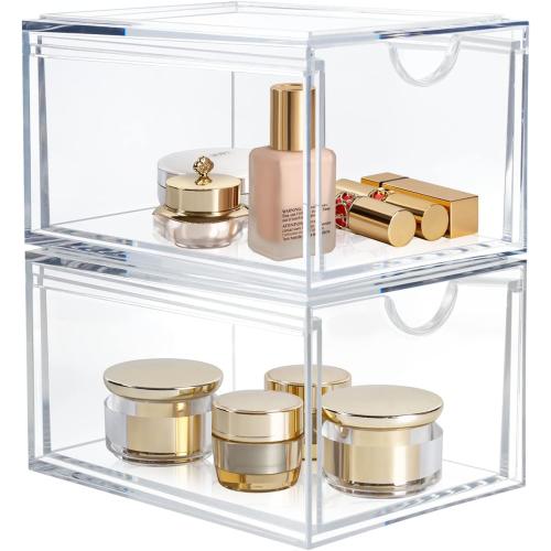 2 Pack Clear Stackable Storage Drawer, Bathroom Makeup Organizer, Plastic Storage Bins, Acrylic Organization and Storage for Vanity, Kitchen Cabinets, Pantry, Undersink