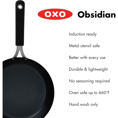 OXO Obsidian 10 Carbon Steel Frying Pan, Pre-Seasoned Skillet, Builds Natural Nonstick with Use, Induction Ready, Oven Safe, Removable Silicone Handle