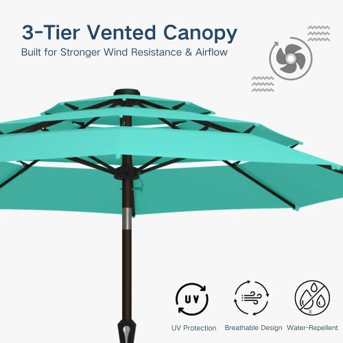 10FT Patio Umbrella 3 Tiers Outdoor Market Umbrella w/Push Button Tilt, Crank, UV and Waterproof Table Umbrella for Garden, Pool, Backyard, Deck, Lawn, Turquoise Blue