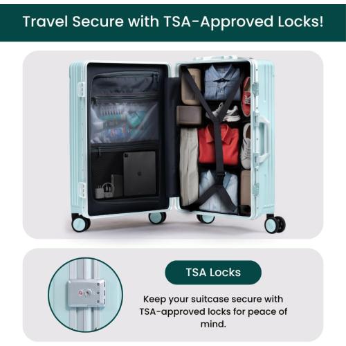 Nobl Travel Carry On Luggage, Noble Zipperless Aluminum Frame PC Hard Shell Suitcase, 23.5x15.5x10 Airline Approved, 360° Spinner Wheels, TSA Locks, USB Charging Port, Cup & Phone Holder - Baby Blue