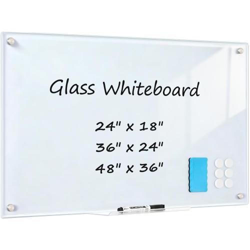 Tempered Glass Whiteboard 24 x 18 Magnetic Glass Dry Erase Board | (2’ x 1.5’) Small Wall Mounted Glass White Board with Acrylic Pen Tray for Office, Home, School