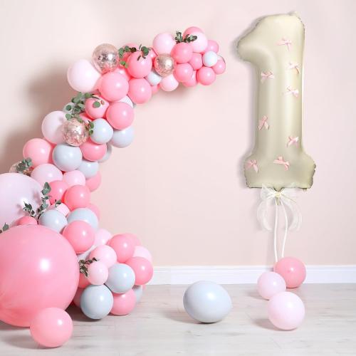 Number 1 Pink Bow 1st Birthday Balloon, 32 Inch Giant Aluminum Foil Number 1 Cream White Balloon Coquette Party Decoration for Christmas Girl Boy Birthday Baby Shower Anniversary Party Gifts