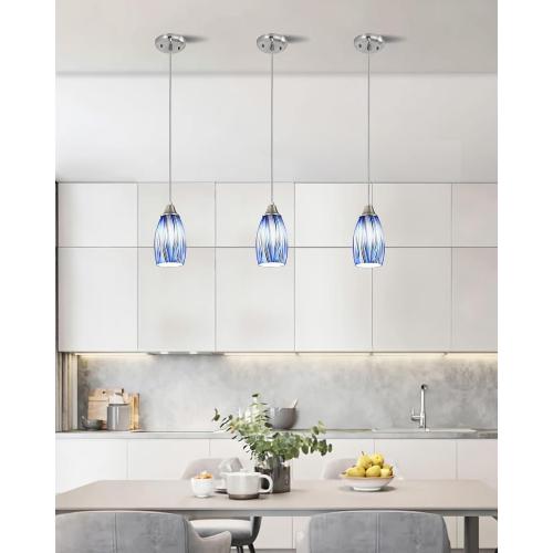 Dark Blue Glass Mini Pendant Lights for Kitchen Island 3Pack Blown Art Glass Pendant Lighting Shade Hanging Pendant Lights with Brushed Nickel Finish for Kitchen Over Sink,Dining Room