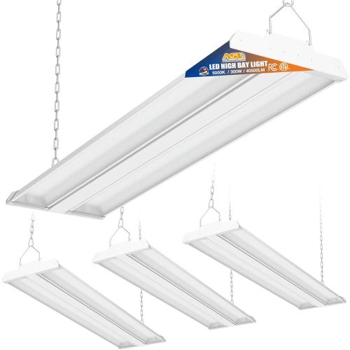 Allsmartlife LED Linear High Bay Light 4-Pack, 5000K Daylight 300W 40500LM 0-10V Dimmable Adjustable Tilt Hanging LED High Bay Shop Lighting Fixtures for Garage Warehouse Workshop, ETL