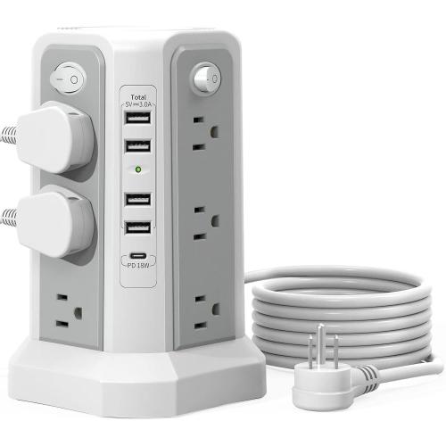 Surge Protector Power Strip Tower with PD18W USB C Port,10FT Extension Cord with 12 AC Mutiple Outlets 5 USB Charging Ports, PASSUS Power Tower Surge Protection for Home Office Dorm Room