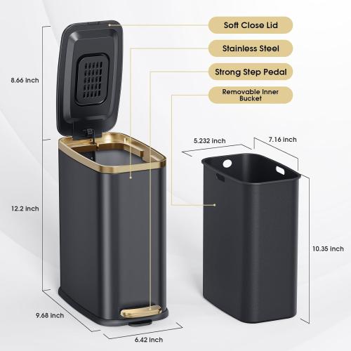 CEROELDA Small Bathroom Trash Can with Lid Soft Close-5L/1.3 Gal Slim Garbage Can-Metal Step Wastebasket-Rectangle Narrow Waste Bin for Office, Bedroom, Toilet, Live Room (Black)