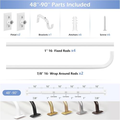 White Wrap Around Curtain Rods 48 to 90 Inch:Blackout Heavy Duty Adjustable Window Curtain Rod for Bedroom Kitchen,Modern Decorative Curved French Metal Single Drapery Rods Easy Install,White