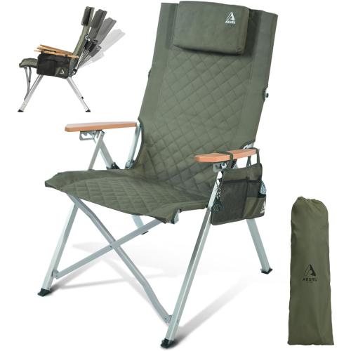 Reclining Camping Chair, Heavy Duty Folding Chairs with 4-Stage Adjustable High Back for Adults, Compact Foldable Outdoor Patio Reclining Chair with Storage Bag (Green, 1 Pack)