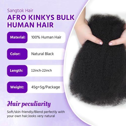 Afro Kinkys Bulk Human Hair for Dreadlocks Extensions and Locs Repair 1 Pack 50 Gram Natural Black Color Afro Kinky Curly Human Hair Bulk for Twist (Black, 14 Inch)