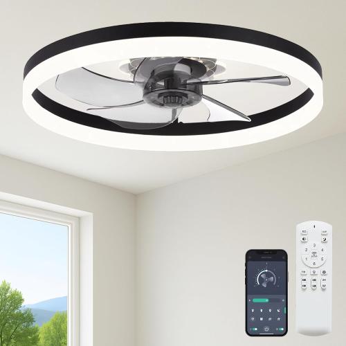 Fszdorj 23.6'' Ceiling Fan with Light, Upgraded Low Profile Fan, Flush Mount Ceiling Fan, 6 Speeds, Dimmable LED, App & Remote Control, Quiet DC Motor, for Bedroom, Living Room, F115 Black N