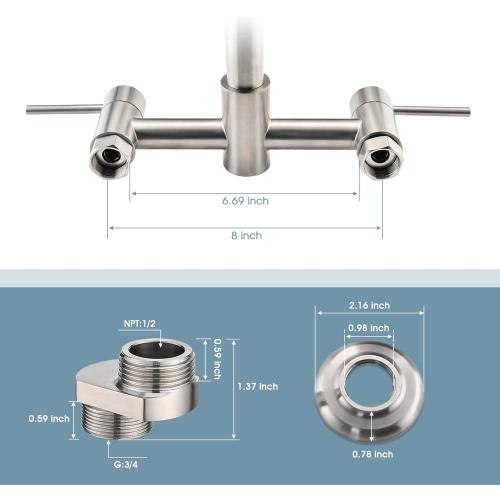 Wall Mount Kitchen Faucet with Pull Down Sprayer, 8 Inch Center Kitchen Sink Faucet, Heavy-Duty Commercial Wall Mount Faucets, 2 Handle Faucet for Kitchen Sink, Brushed Nickel