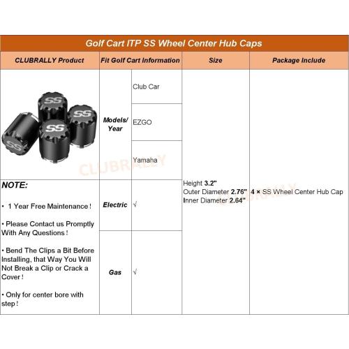 Universal Golf Cart ITP SS Wheel Center Hub Cap, 8,10,12 Inch Push in Style Black Center Cap Cover for Club Car EZGO Yamaha Golf Cart Wheel-4 Packs (Height 3.21 / Outer Diameter 2.75)