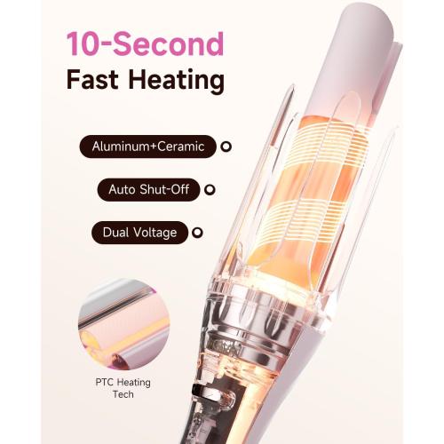 5 in 1 Auto Curling Iron Set with Interchangeable Barrels - 1, 1.25, 1.5 Curling Wand, Hair Crimper & Straightening Brush, Rotating Ceramic Curler, 3 Temp, Dual Voltage, Anti-Scald, Pink