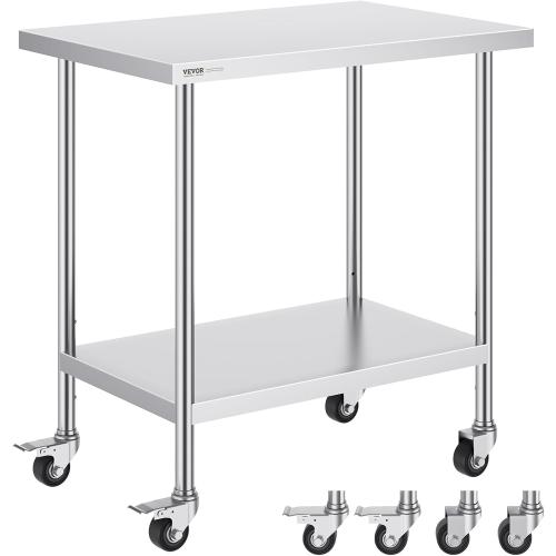 VEVOR Stainless Steel Table, with 4 Wheels, 3 Adjustable Height Levels, Heavy Duty Food Prep Work Table for Commercial Kitchen Restaurant, Silver