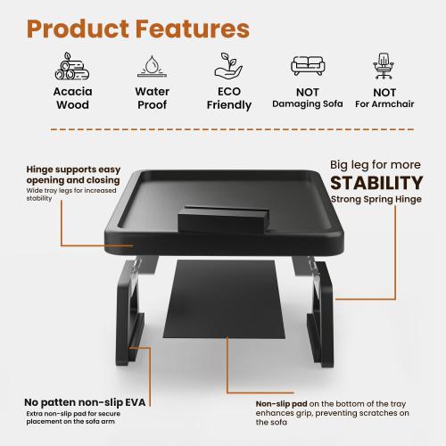 Acacia Wood Sofa Armrest Tray - Large Sofa Arm Tray Clip - Couch Arm Table for Wide Couches - Wooden Side Tables for Small Spaces for Eating and Drink (Black, Large)