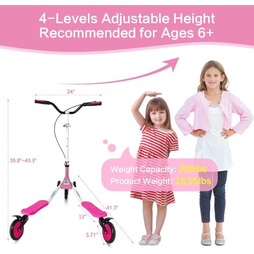 Swing Wiggle Scooter, 3 Wheels Drifting Folding Kick Scooter with 4-Level Adjustable Height/Foldable for Kids/Woman/Men Age 6  Years Old