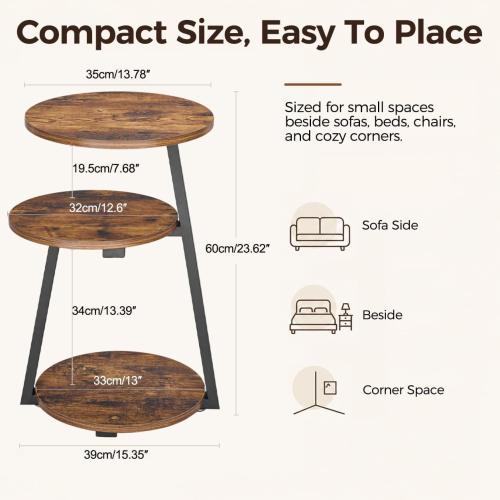 BEWISHOME Small Round Side Table, 3-Tier End Table with Storage Shelves | Small End Table, Nightstand with Metal Frame, Vintage Accent Table for Small Spaces with Storage Shelf, Living Room, Bedroom