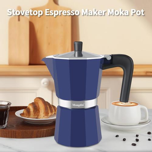 Mongdio Stovetop Espresso Maker Moka Pot, Stove Top Cuban Coffee Maker, Italian Greca Mocha Pot, 9 Espresso Cups, 15 oz - Blue