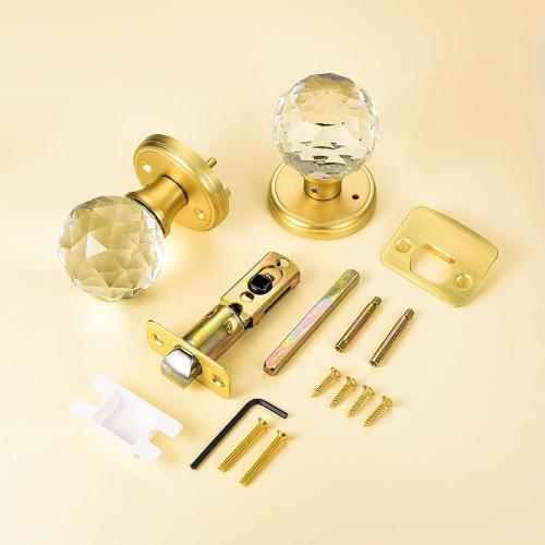 Crystal Glass Door Knobs Interior with Lock, Privacy Bathroom Bedroom Door Knobs Gold Door Knob, Satin Brass