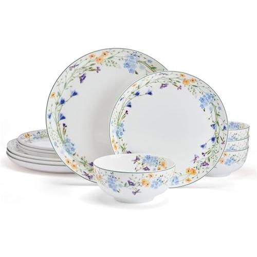 Mikasa Quinn Lightweight Bone China 12 Piece Dinnerware Plate Bowl Set, Service for 4