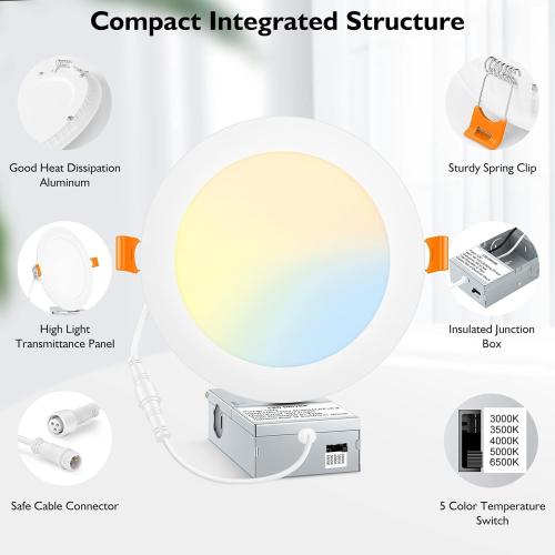 BesLowe 12 Packs 6 Inch 5CCT LED Recessed Ceiling Lights Ultra-Thin with Junction Box, 12W 150W Eqv, 3000K/3500K/4000K/5000K/6500K, 1200LM Dimmable Canless Downlights for Kitchen Hallway Dining Room
