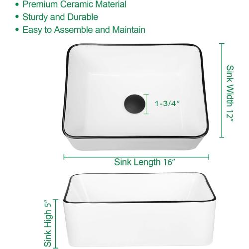 Ceramic Rectangular Bathroom Vessel Sink, 16'' x 12'' Above Counter Porcelain Small Sink with Faucet Combo, White Body with Black Trim on The Top