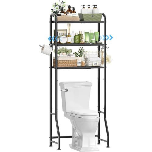 Simple Trending Expandable Over The Toilet Storage Rack, Metal 3 Tier Bathroom Organizer Shelf with Paper Holder and 3 Hooks, Black