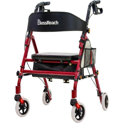 Lightweight Foldable Rollator Walkers with Seat for Seniors, 350 lb Capacity, 5-Position Adjustable Height, Premium Hybrid Rolling Walker - Aluminum and Carbon Steel (Red)