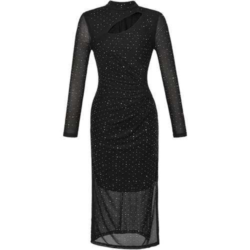 Women Mesh Long Evening Clothes Sparkly Hollow Sexy Sheer Midi Party Dress