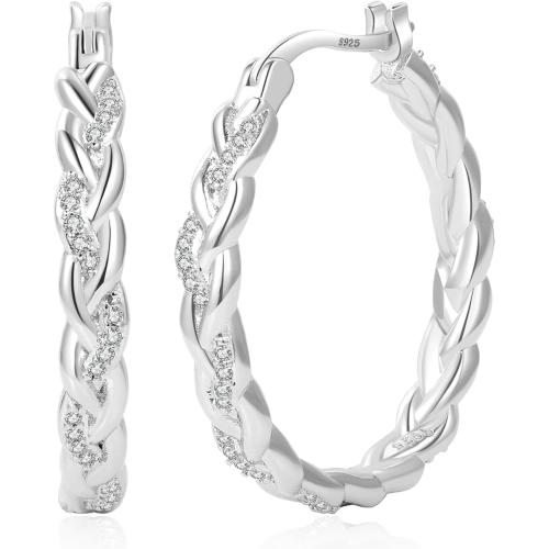 Senteria Silver Twisted Hoops Earring for Women Hypoallergenic Sterling Silver Post Hoop Earrings with AAA  Cubic Zirconia 14K Gold Plated Hoop Earrings for Women 30/40/50MM