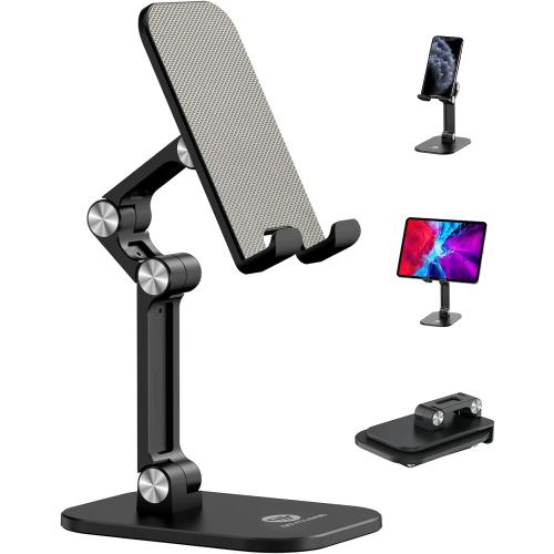 OCYCLONE Phone Stand, Adjustable Height and Angle Foldable Cell Phone Stand Holder for Desk, Taller iPhone Stand Compatible with 4.7-13 Smartphones iPad Tablet, Black