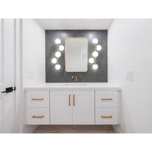Mid Century Modern Bathroom Vanity Lights, 5-Light Bathroom Light Fixtures Brass Gold Bathroom Lights Semi-Flush Mount Ceiling Light, Gold Wall Sconce Wall Light with Globe Frosted Milk Glass, G9 Base