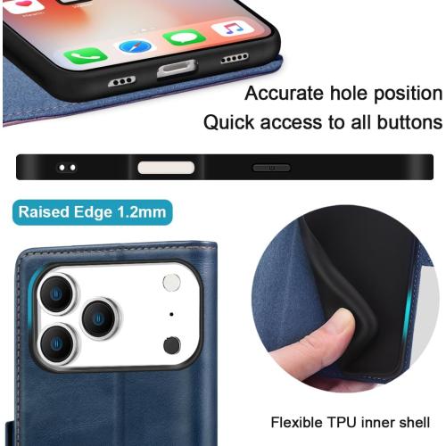 KEZiHOME Compatible with iPhone 17 pro max Wallet case, Shockproof Genuine Leather[RFID Blocking] Card Slot Magnetic Stand Filio Phone case for iPhone 17 pro max 5G (Royal Blue/Brown)