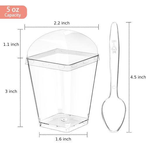 Zezzxu 50 Pack 5 oz Dessert Cups with Dome Lids and Spoons, Plastic Pudding Cups with Lids Mini Parfait Shooter Cups for Party Individual Banana Pudding Jello Yogurt Fruit Trifle