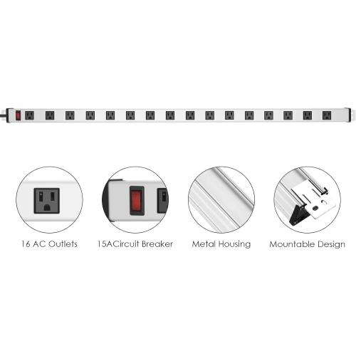JUNNUJ Long Metal 16 Outlet Power Strip, Wide Spaced Garage Industrial Heavy Duty Power Strip with 4 FT Cord 15A, 125V, 1875W-Silver