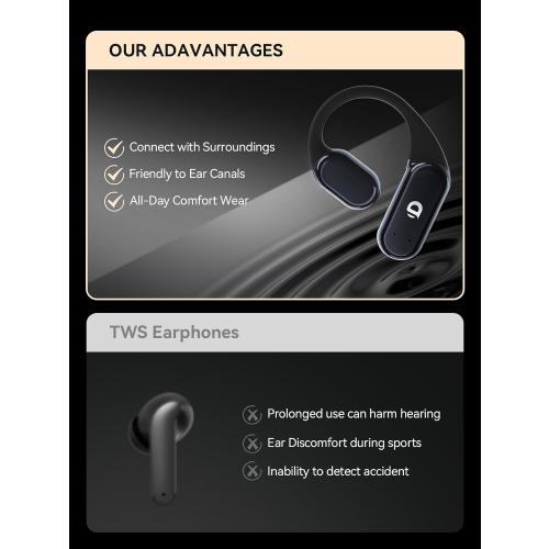 Color Black Demicca True Wireless Bone Conduction Earphones, OWS Open Ear Headphones with Earhooks, Bluetooth 5.3, Up to 60H Playtime with Case, IP68, AAC/SBC, for Cycling Yoga Workouts