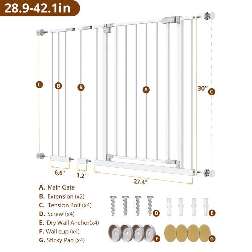 InnoTruth 28.9-42.1 Wide Baby Gate for Stairs & Doorways, 30 Tall Pressure Mounted Dog Gates for Stairs Expandable One-Hand Open, Easy Step Walk Through Dual Lock Metal Pet Gates for Dogs, White