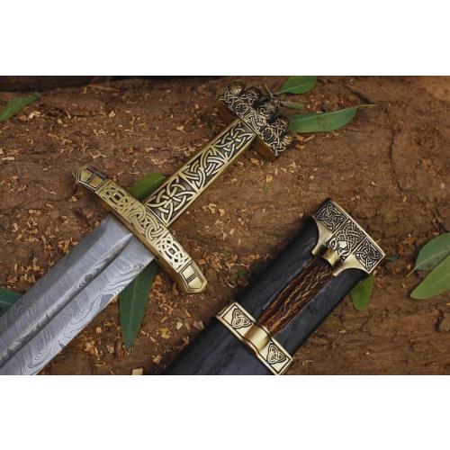 Handmade Castle Keep Viking Sword, Medieval, Norse Sword with Ornate Wooden Scabbard with Stag Horn and Gold-Tone Detailing