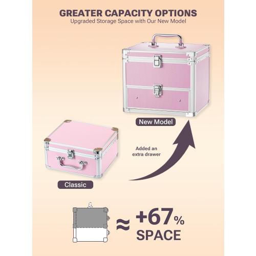 Qislee Makeup Box with Drawer and A Detachable Lighted Mirror, Waterproof Travel Train Case, Cosmetic Organizer and Makeup Suitcase with Adjustable Dividers, Magnetic LED Mirror (ICY Pink)